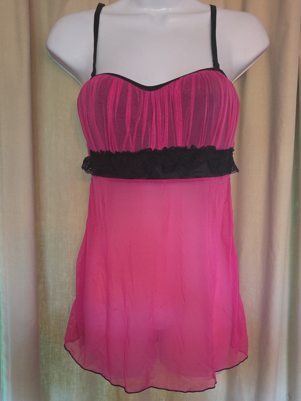 Sheer Hot Pink Mesh Chemise with Black Lace Removable Adjustable Straps